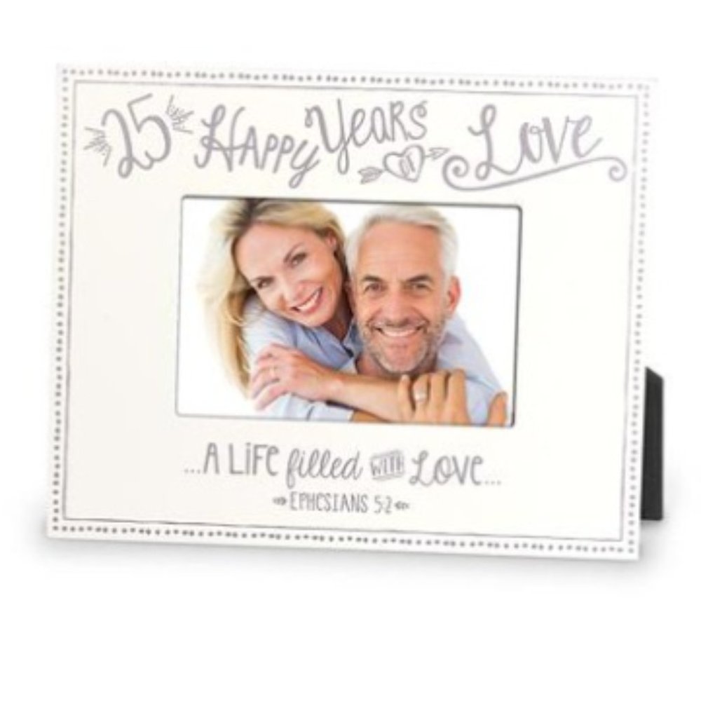 25 Happy Years Photo Frame White Silver 25th Anniversary Gift